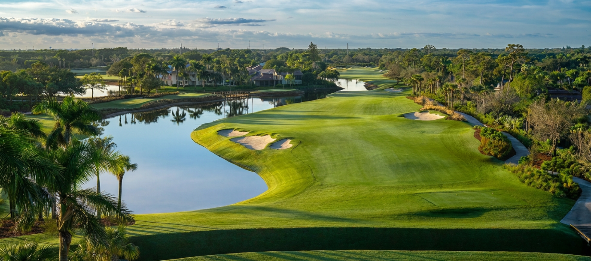Aerial view of golf course with water and bunkers