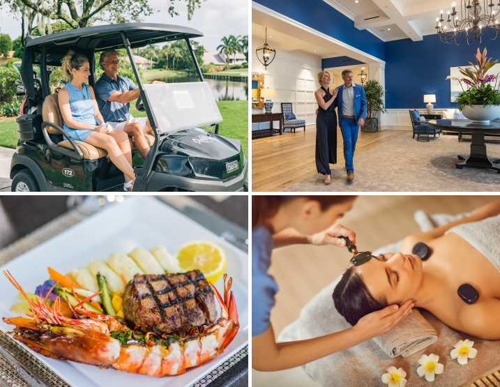 Collage of golf cart ride, dining, spa, and lobby