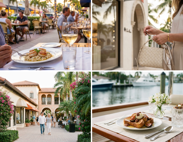 Collage of dining and shopping scenes