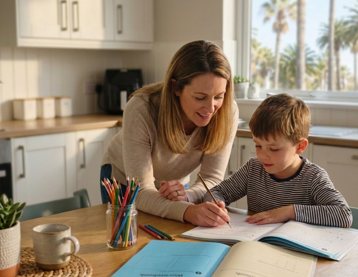 Adult helping a child with schoolwork at a table