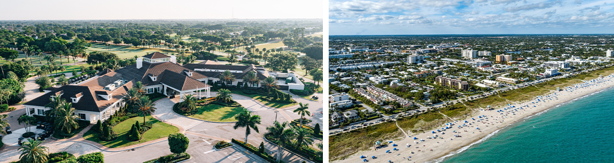 Aerial view of country club and nearby beachfront city.