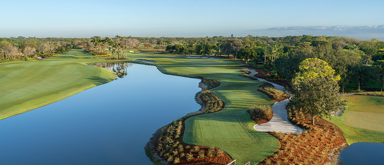Aerial view of golf hole with water, palm trees, and wooden bridge.