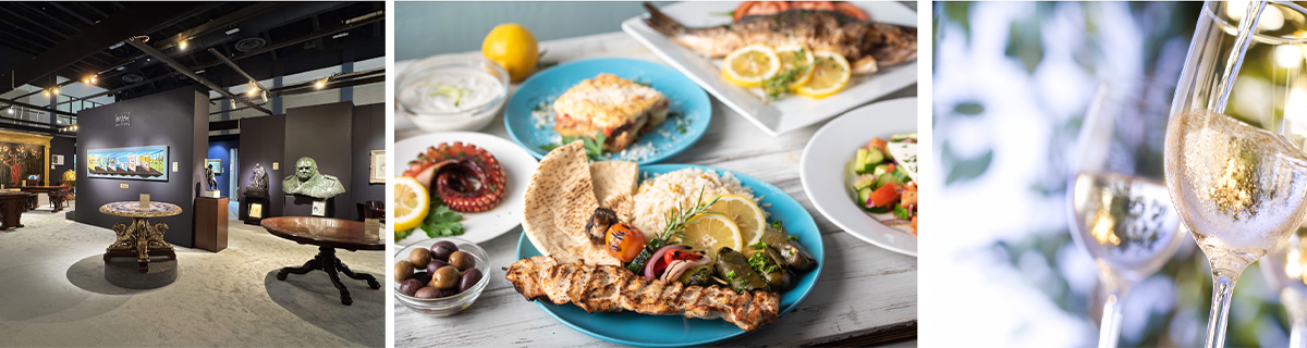 Art gallery interior, plated dishes, and champagne glass.
