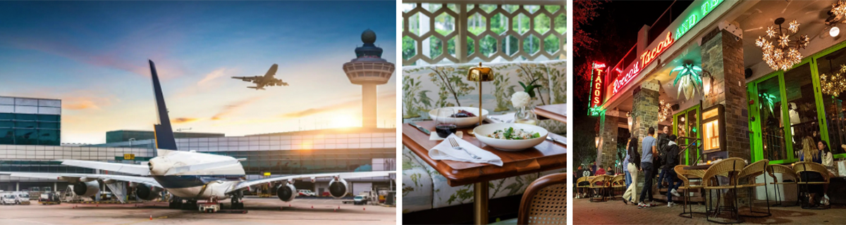 Collage of airport runway, dining table, and neon restaurant exterior.