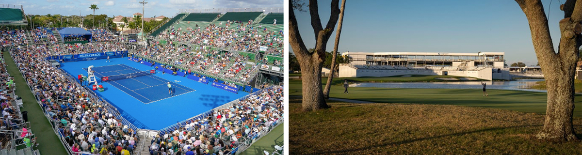 Crowded tennis stadium and nearby golf clubhouse on course.