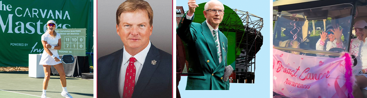 Tennis player, formal portrait, and golf official collage.